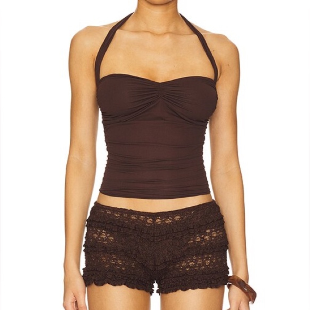 INDAH Kora Solid Tiny Sleeve Coco Tee in Kopi- Brand New With Tags